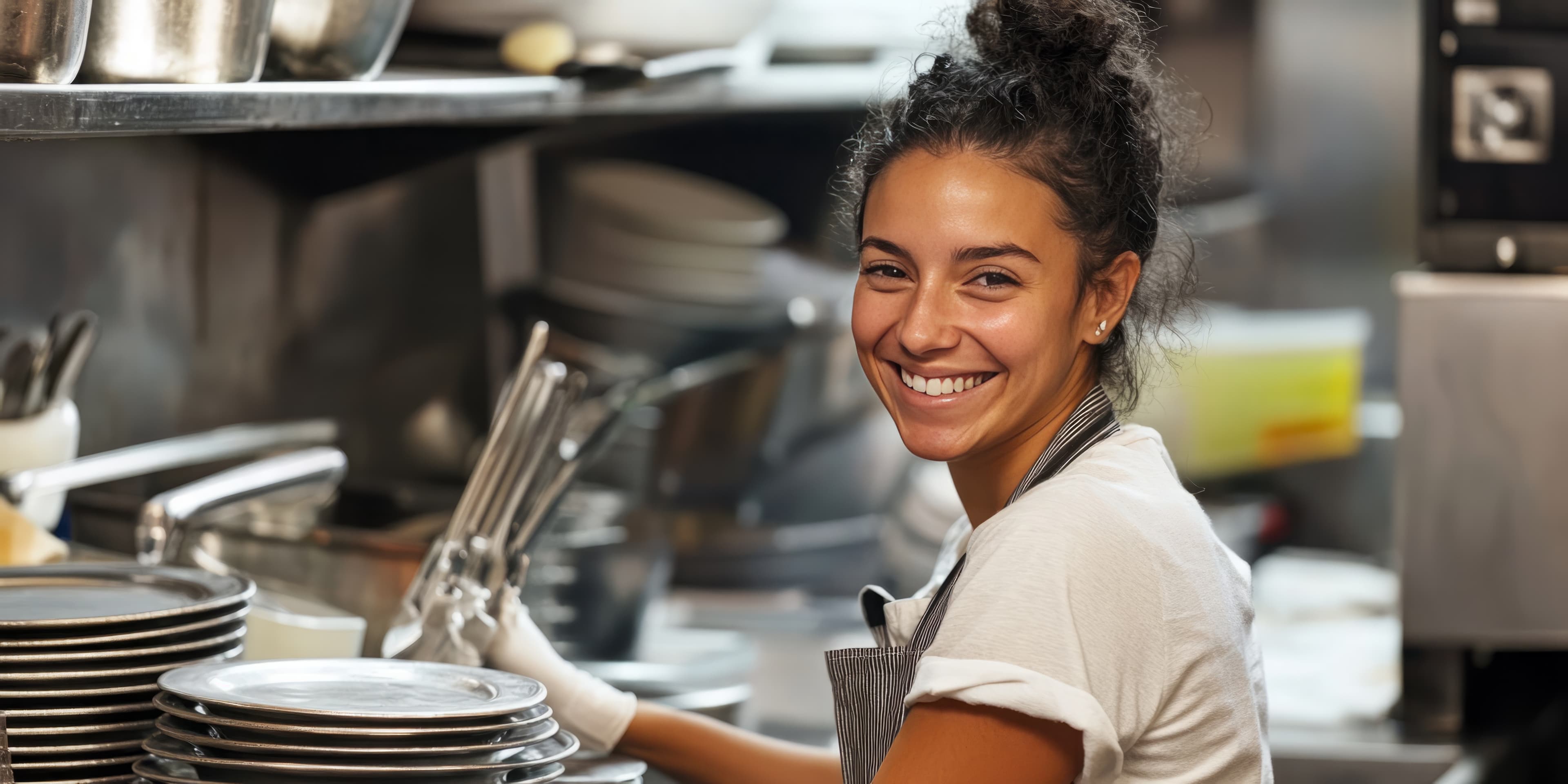 Dishwasher smiling while working